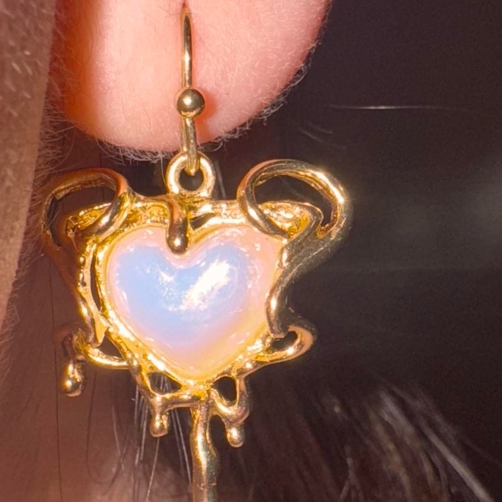 Cream and Gold Heart Earrings with Intricate Design
